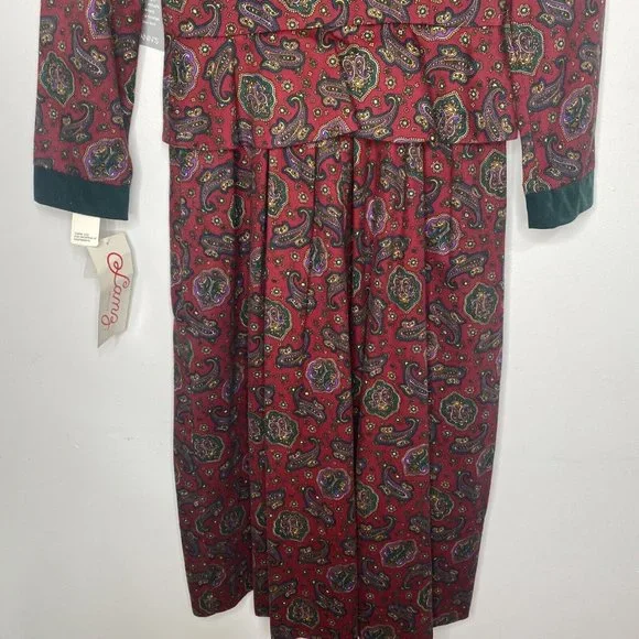 Vintage 80s Lanz Original Dress Paisley Maroon Green Midi Peplum New Sz 8 Cotton